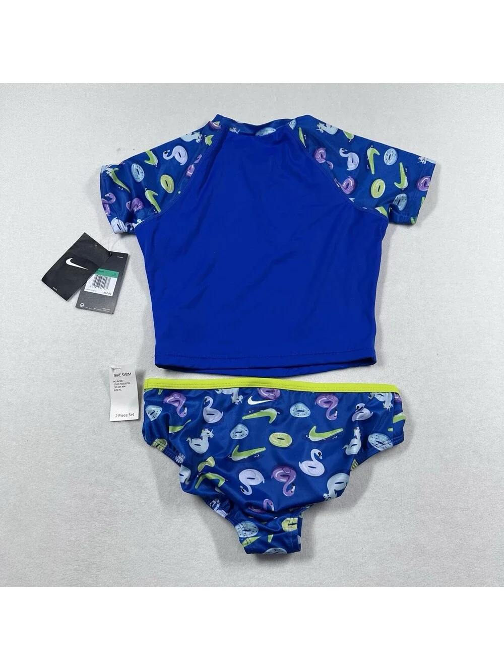Nike Girl's 2-Piece Pool Party Short Sleeve Crop Rash Guard Blue Unicorn Sz XL